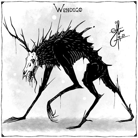 Wendigo drawing - Wendigo are a type of cannibalistic creature whose name means "evil that devours." Wendigo were once humans, but after being forced to eat human flesh to survive, they become monsters that retain little of the human features they once possessed. After their transformation, they begin to crave human flesh and feed solely on it. Although their name is described as an 'evil spirit', it is ... 